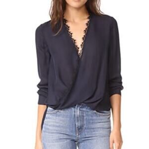 L’Agence | Rosario Silk Blouse w Crossover Snap Front Lace Trim Sz S Navy, Black
